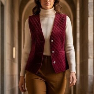 Rafaella Quilted Velvet‎ Vest Burgundy Button Front Vintage 90s Fall Preppy 8